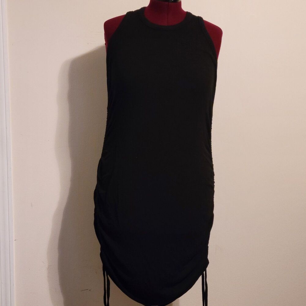 Cato Black Ribbed Ruched Side Drawstring Sleeveless Tank Dress Size L Crewneck